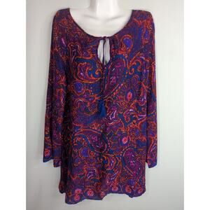 Mabel Navy Orange & Blue Paisley Tasseled Neck Tunic Top Women‎ Large Boho NWT